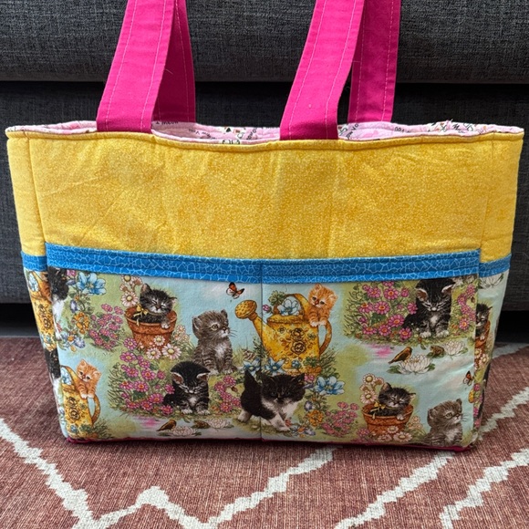Handmade Handbags - Handmade Padded Tote Bag – Cat Print Patchwork Organizer w/ Tons of Pockets